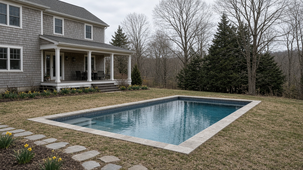 A rectangular pool beside a gray shingle house with a white porch, daffodils, and bare trees