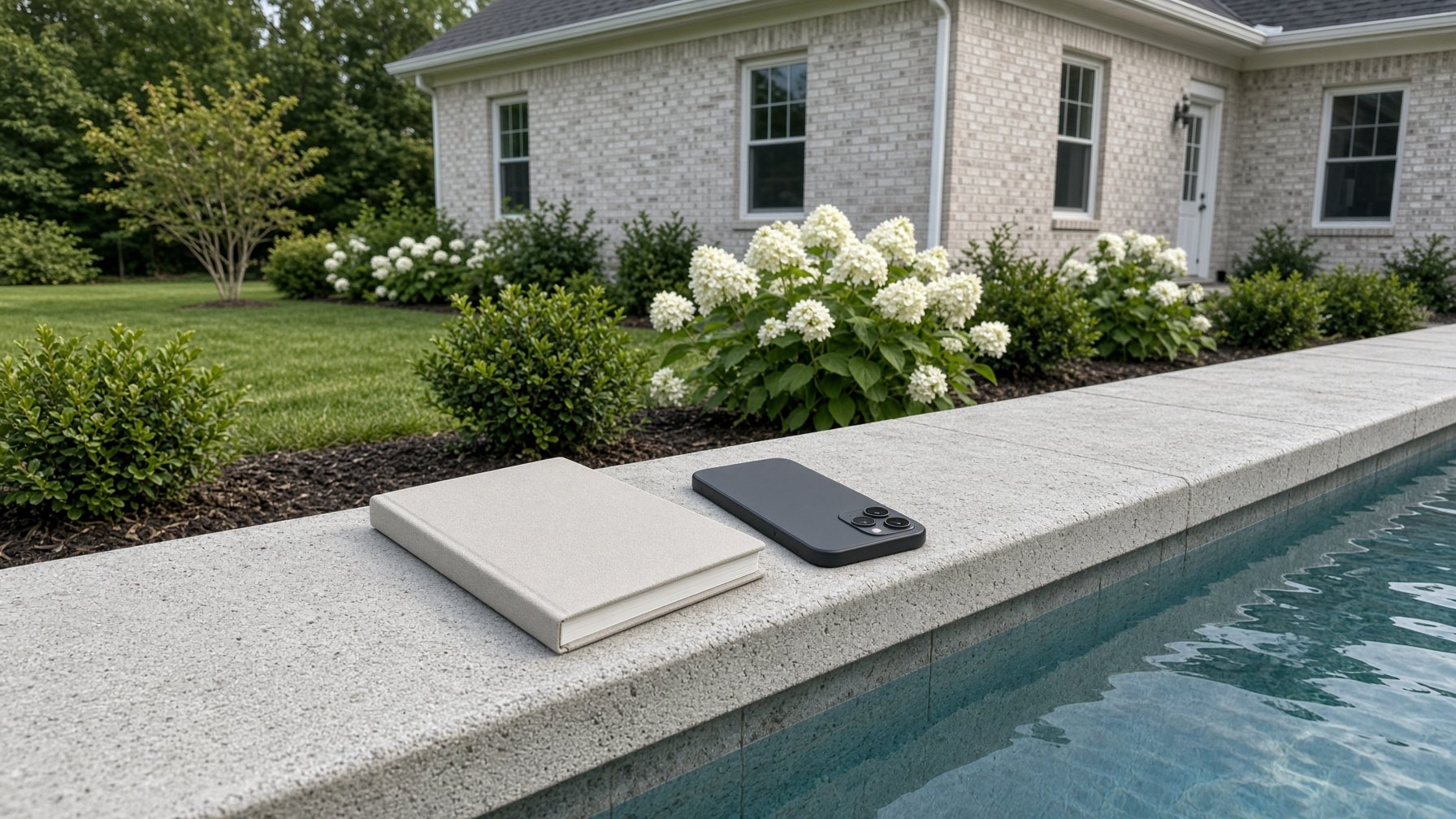 A notebook on the coping of a clear pool in late-day light