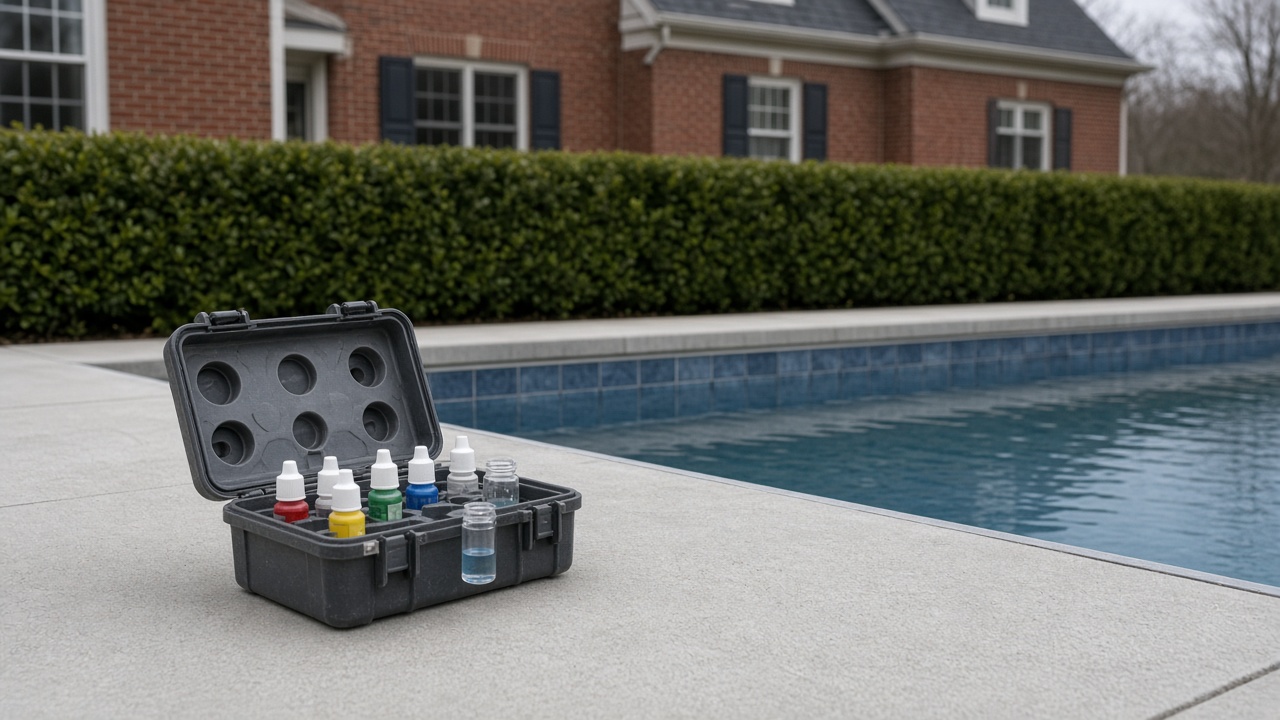 An open water test kit on the coping of a gunite pool