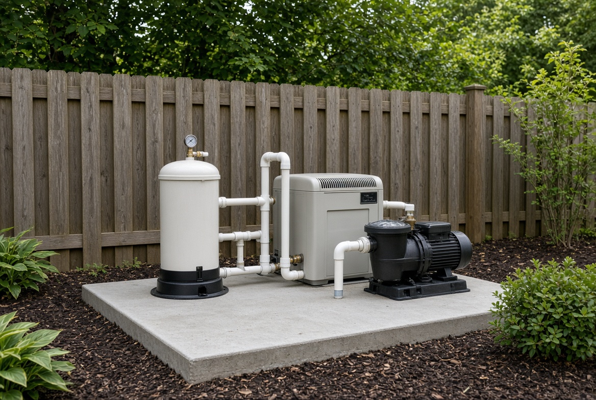 Pump, filter, and heater beside the pool