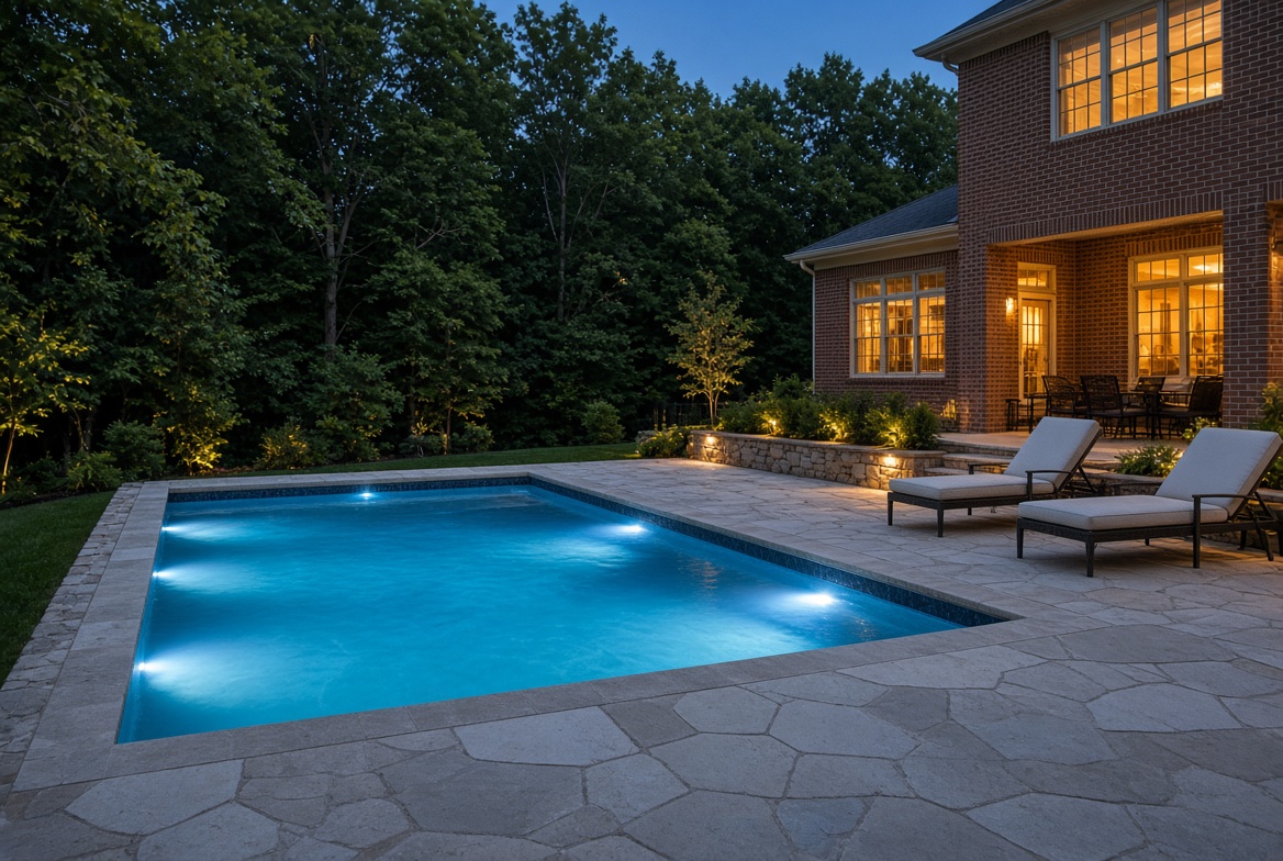 Evening pool at a Virginia house with the lights on